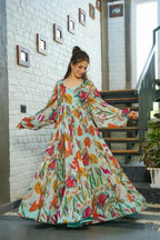 Sonakshi Women's C Green Air tex Chinon Digital Print Full Round Flair Anarkali Gown Set | Grocsy