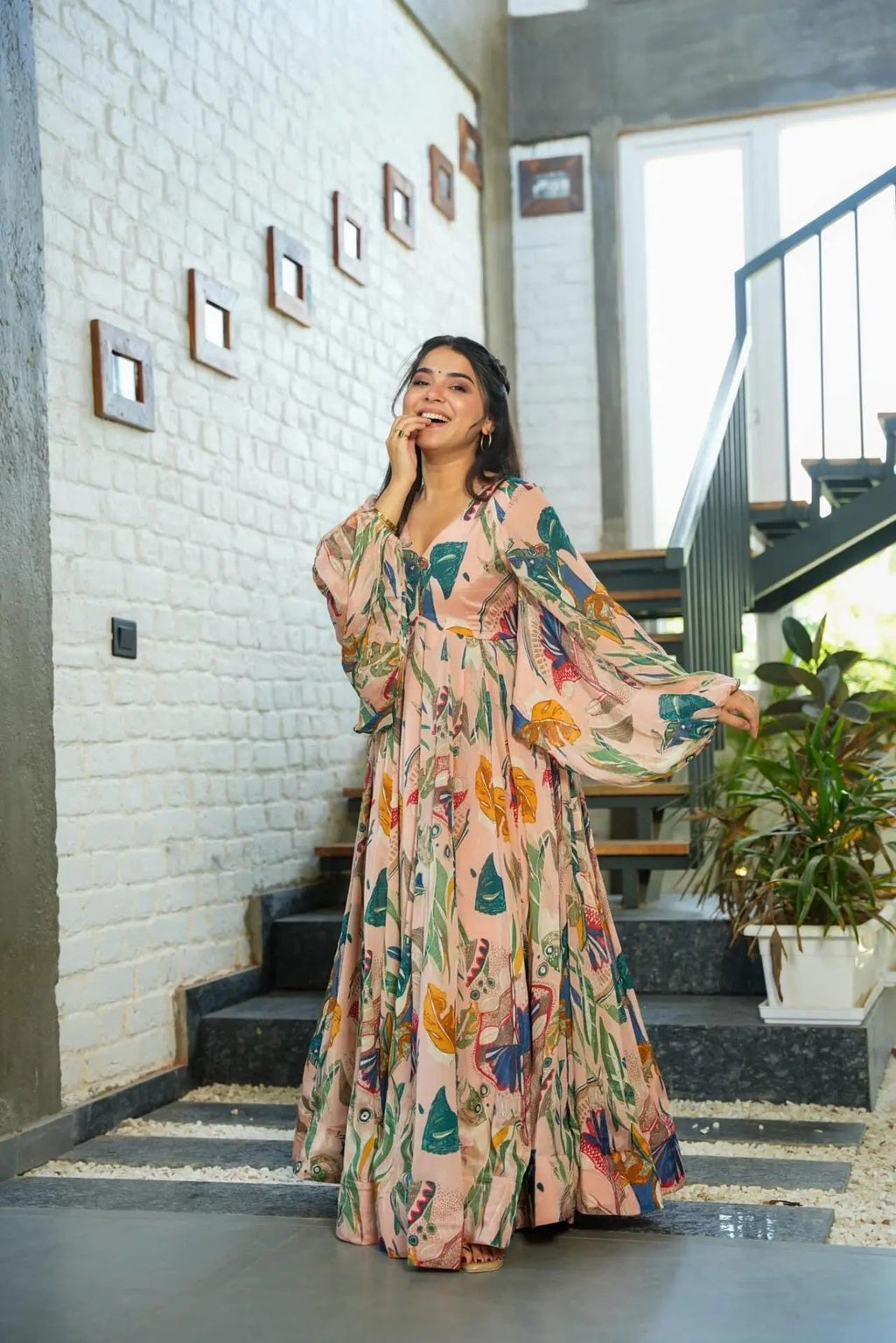 Sonakshi Women's Peach Air tex Chinon Digital Print Full Round Flair Anarkali Gown Set | Grocsy