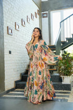 Sonakshi Women's Peach Air tex Chinon Digital Print Full Round Flair Anarkali Gown Set | Grocsy