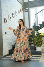 Sonakshi Women's Peach Air tex Chinon Digital Print Full Round Flair Anarkali Gown Set | Grocsy