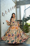 Sonakshi Women's Peach Air tex Chinon Digital Print Full Round Flair Anarkali Gown Set | Grocsy