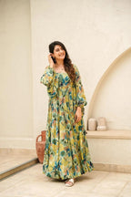 Sonakshi Women's Pista Air tex Chinon Digital Print Full Round Flair Anarkali Gown Set | Grocsy