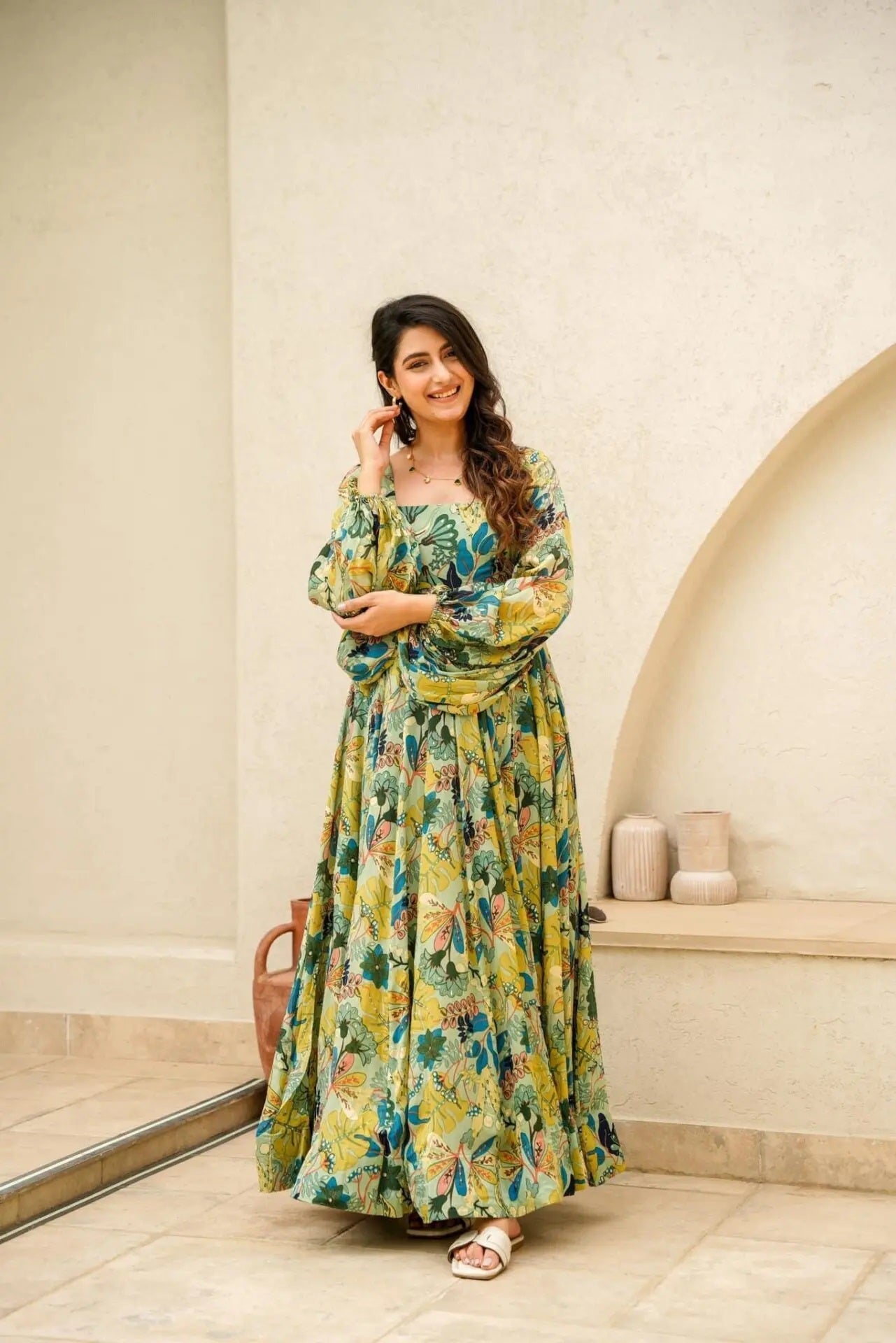 Sonakshi Women's Pista Air tex Chinon Digital Print Full Round Flair Anarkali Gown Set | Grocsy