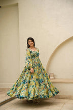 Sonakshi Women's Pista Air tex Chinon Digital Print Full Round Flair Anarkali Gown Set | Grocsy