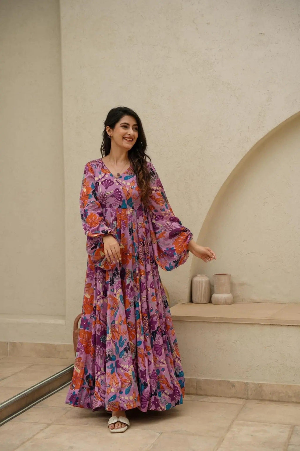 Sonakshi Women's Pink Air tex Chinon Digital Print Full Round Flair Anarkali Gown Set | Grocsy