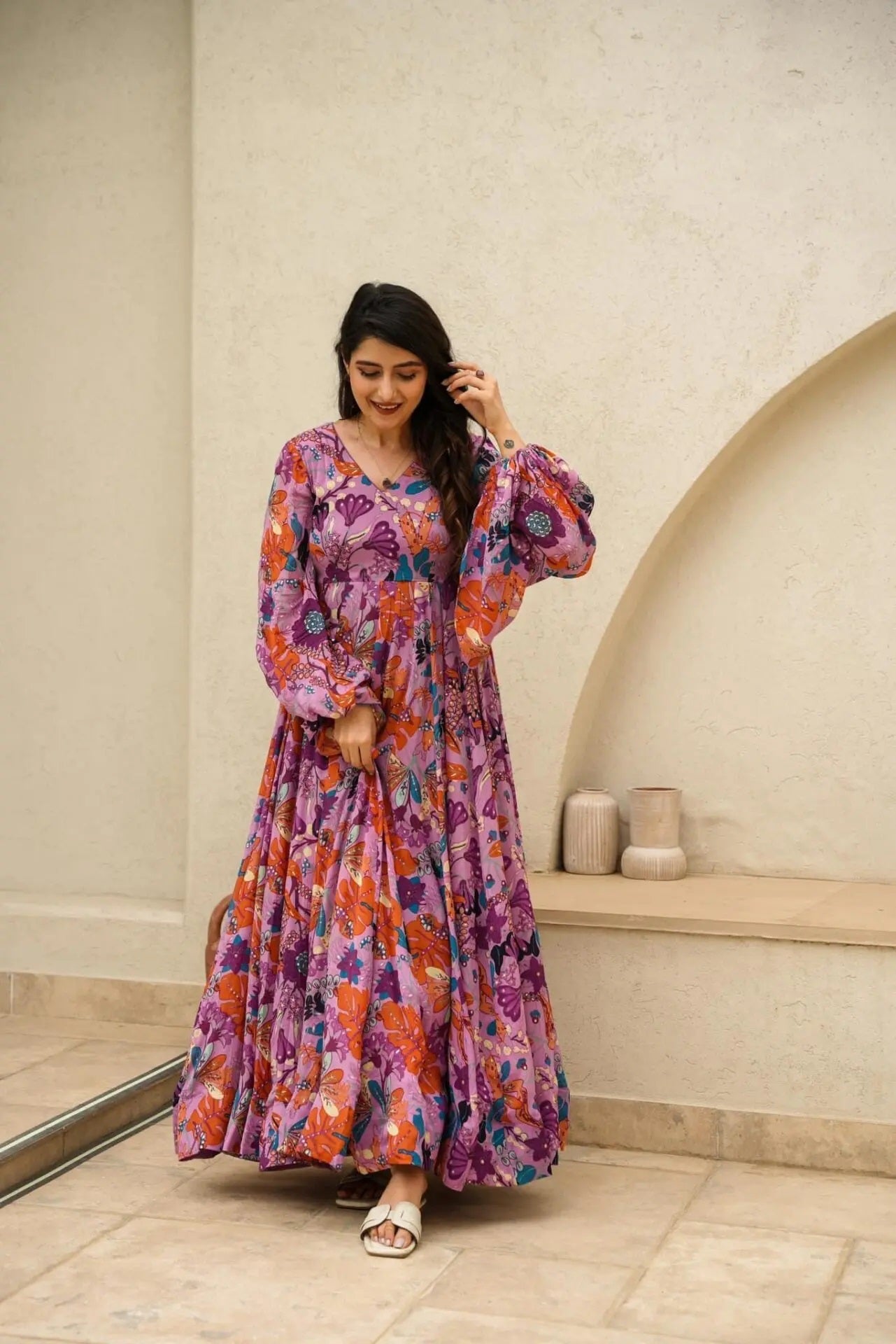 Sonakshi Women's Pink Air tex Chinon Digital Print Full Round Flair Anarkali Gown Set | Grocsy