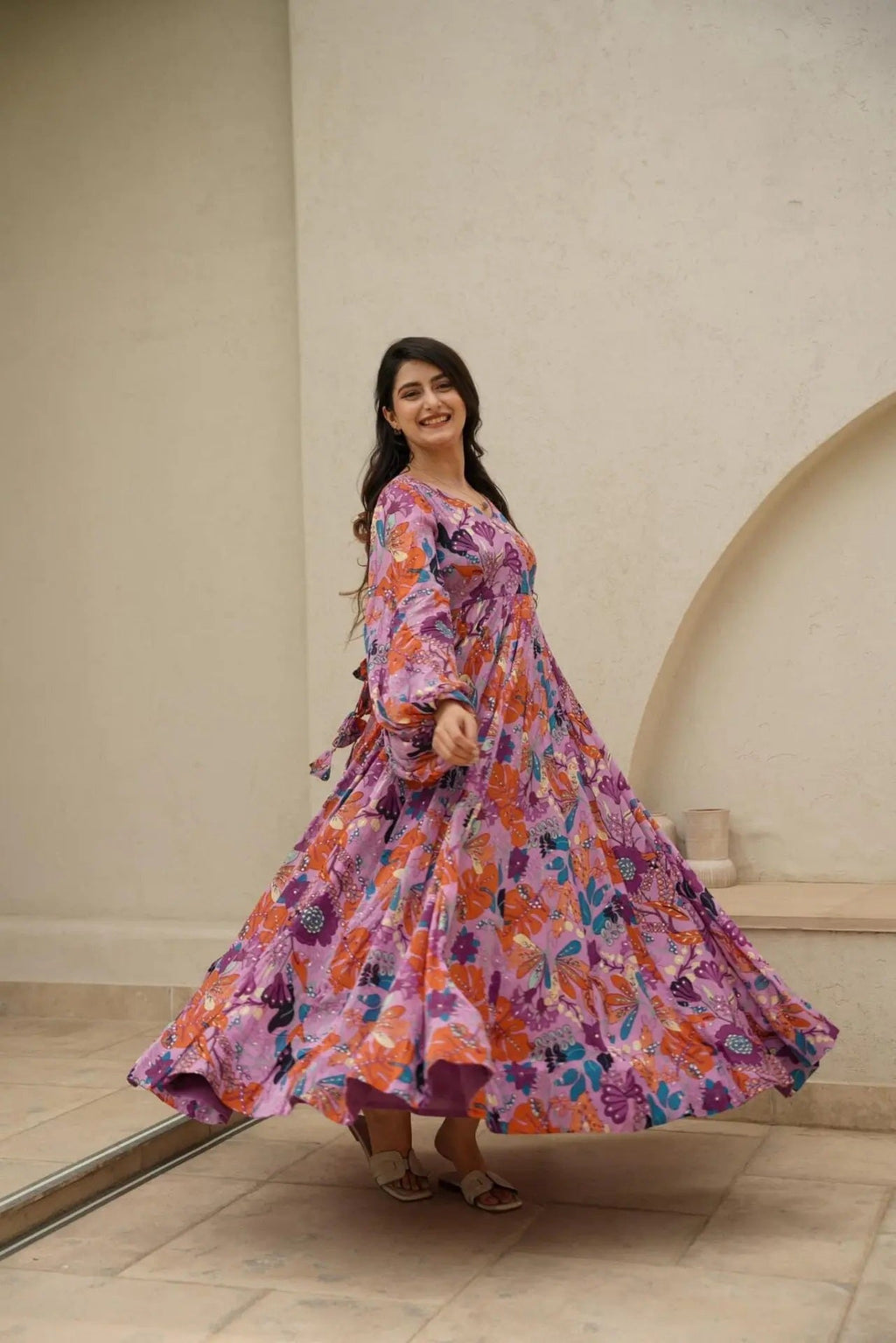 Sonakshi Women's Pink Air tex Chinon Digital Print Full Round Flair Anarkali Gown Set | Grocsy