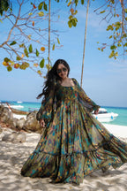 Sonakshi Women's Green Air tex Chinon Digital Print Full Round Flair Anarkali Gown Set | Grocsy