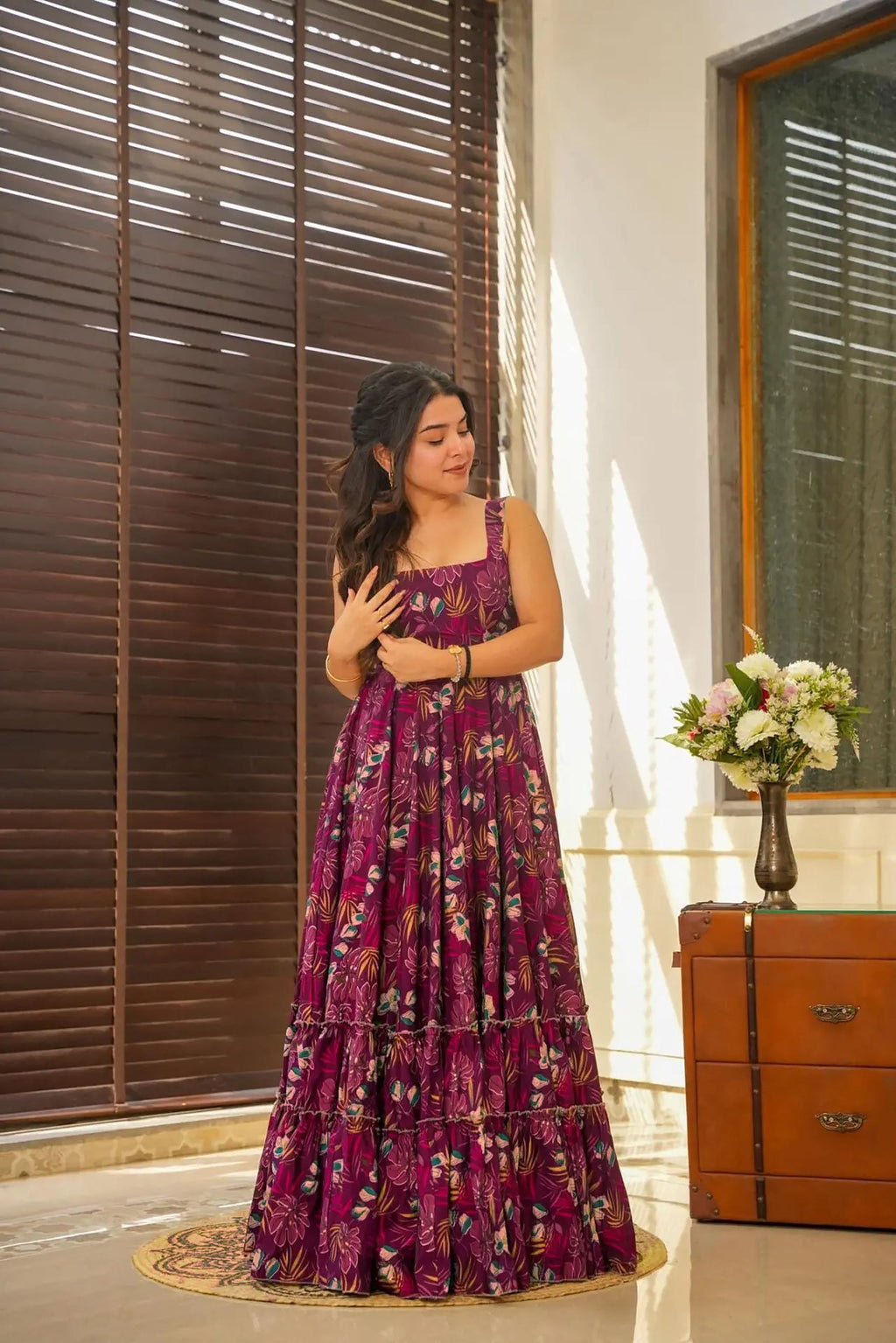 Sonakshi Women's Purple Heavy Rayon Digital Print Full Round Flair Anarkali Gown Set | Grocsy
