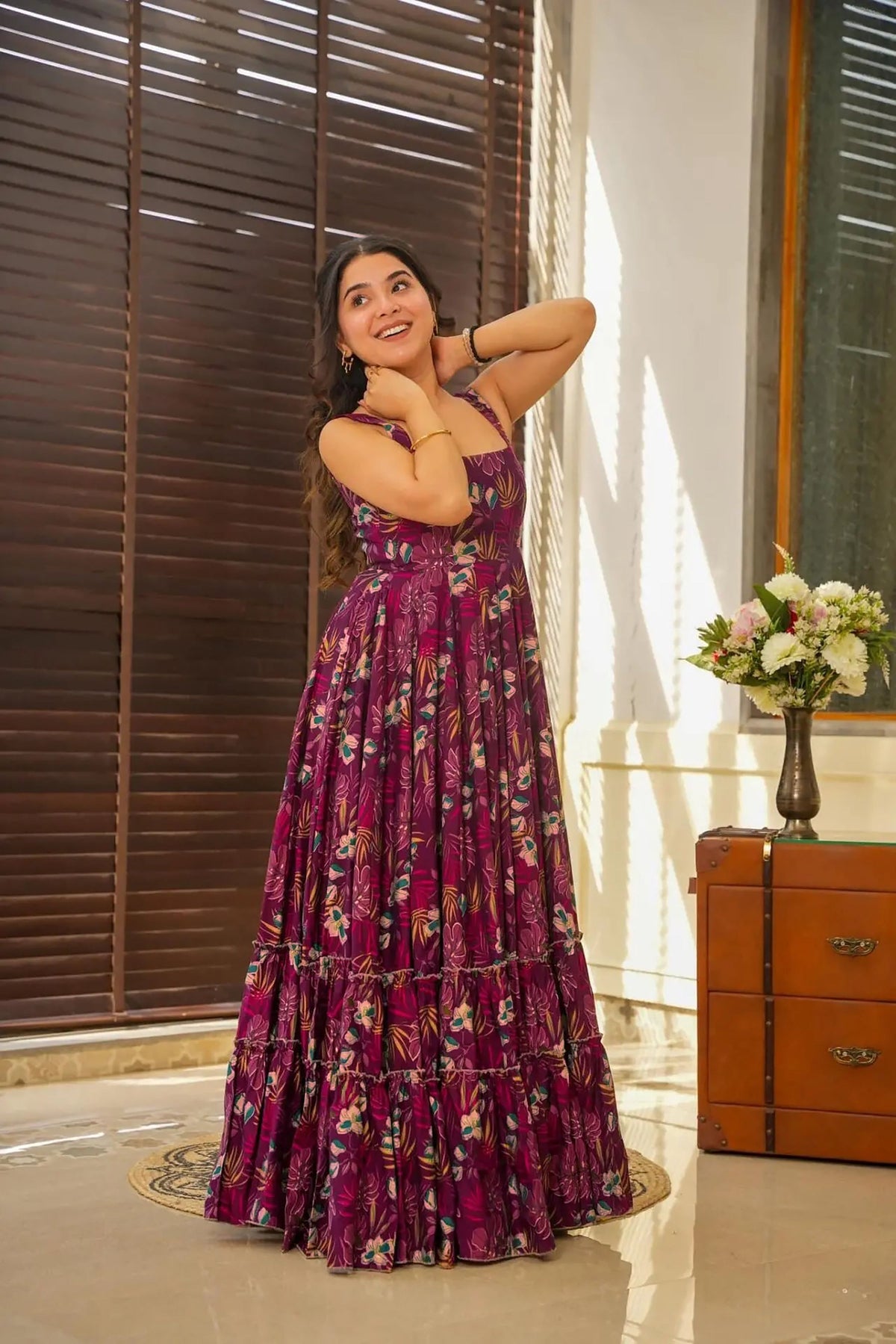 Sonakshi Women's Purple Heavy Rayon Digital Print Full Round Flair Anarkali Gown Set | Grocsy
