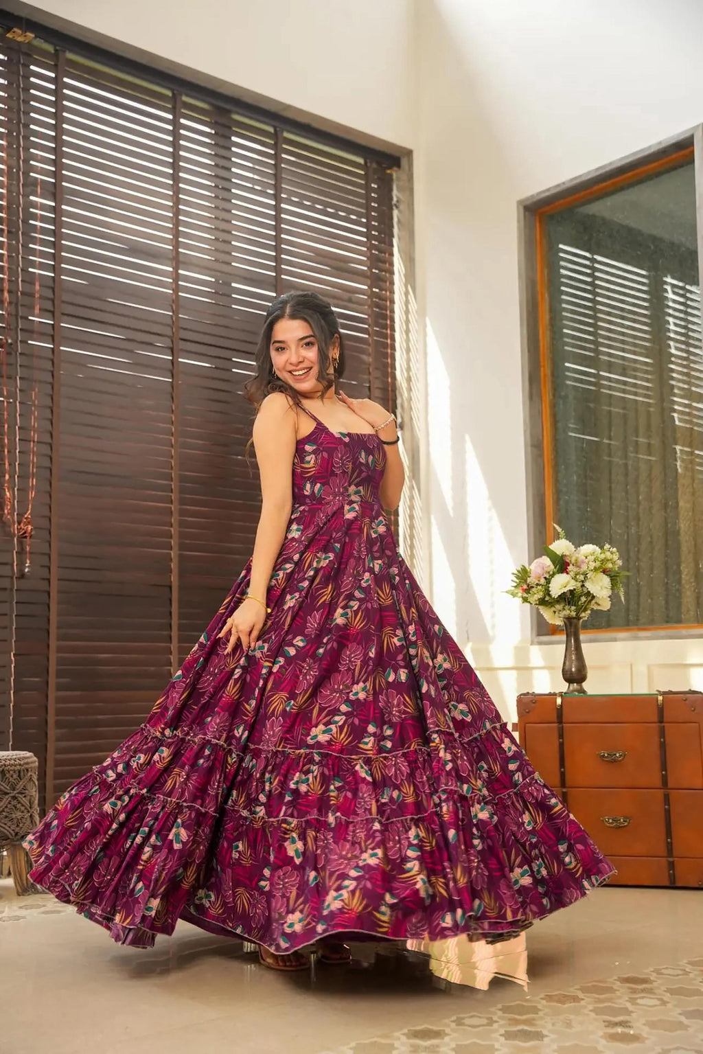 Sonakshi Women's Purple Heavy Rayon Digital Print Full Round Flair Anarkali Gown Set | Grocsy