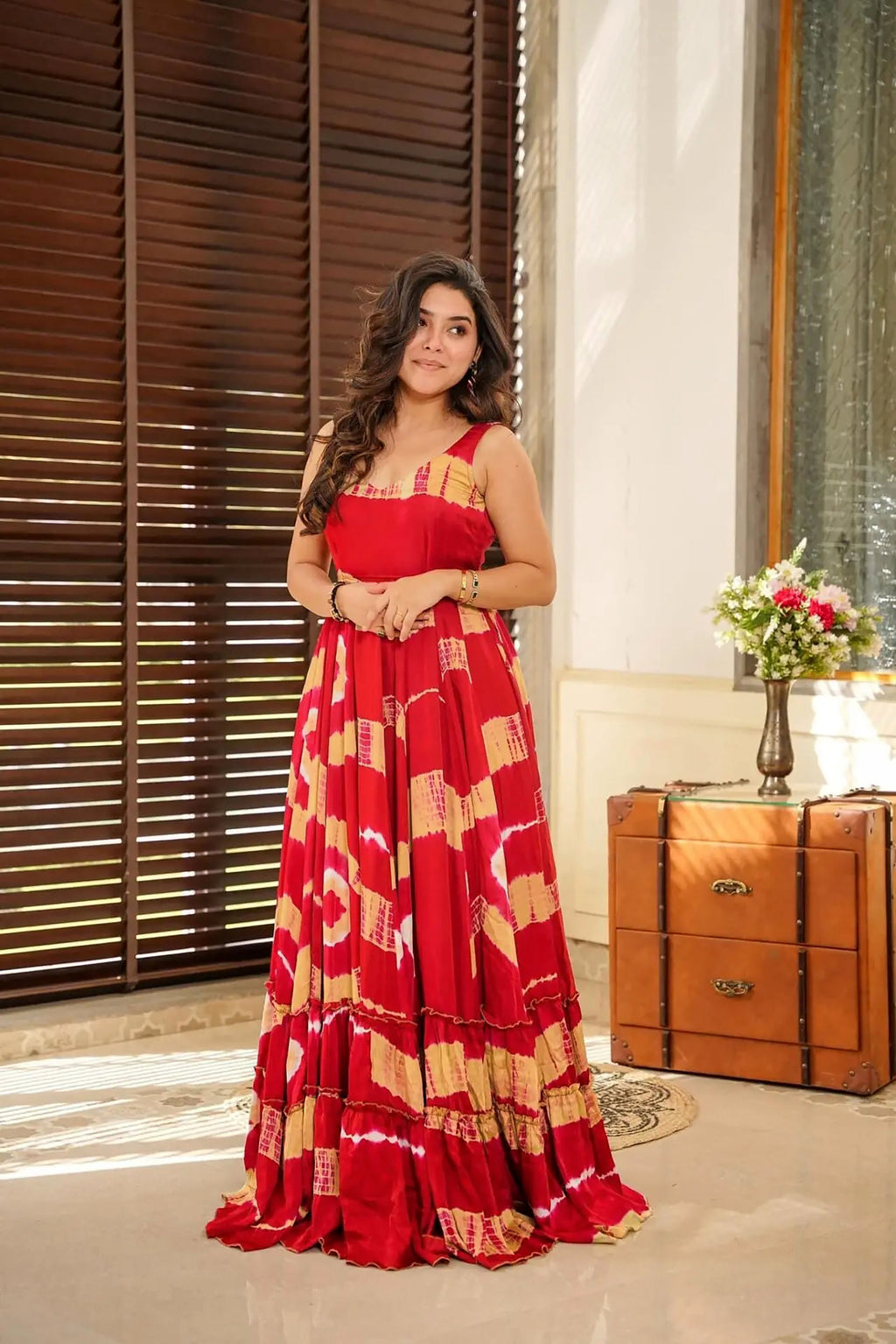 Sonakshi Women's Red Heavy Rayon Digital Print Full Round Flair Anarkali Gown Set | Grocsy
