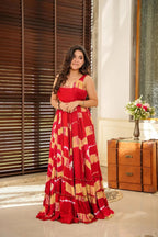 Sonakshi Women's Red Heavy Rayon Digital Print Full Round Flair Anarkali Gown Set | Grocsy