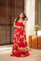 Sonakshi Women's Red Heavy Rayon Digital Print Full Round Flair Anarkali Gown Set | Grocsy