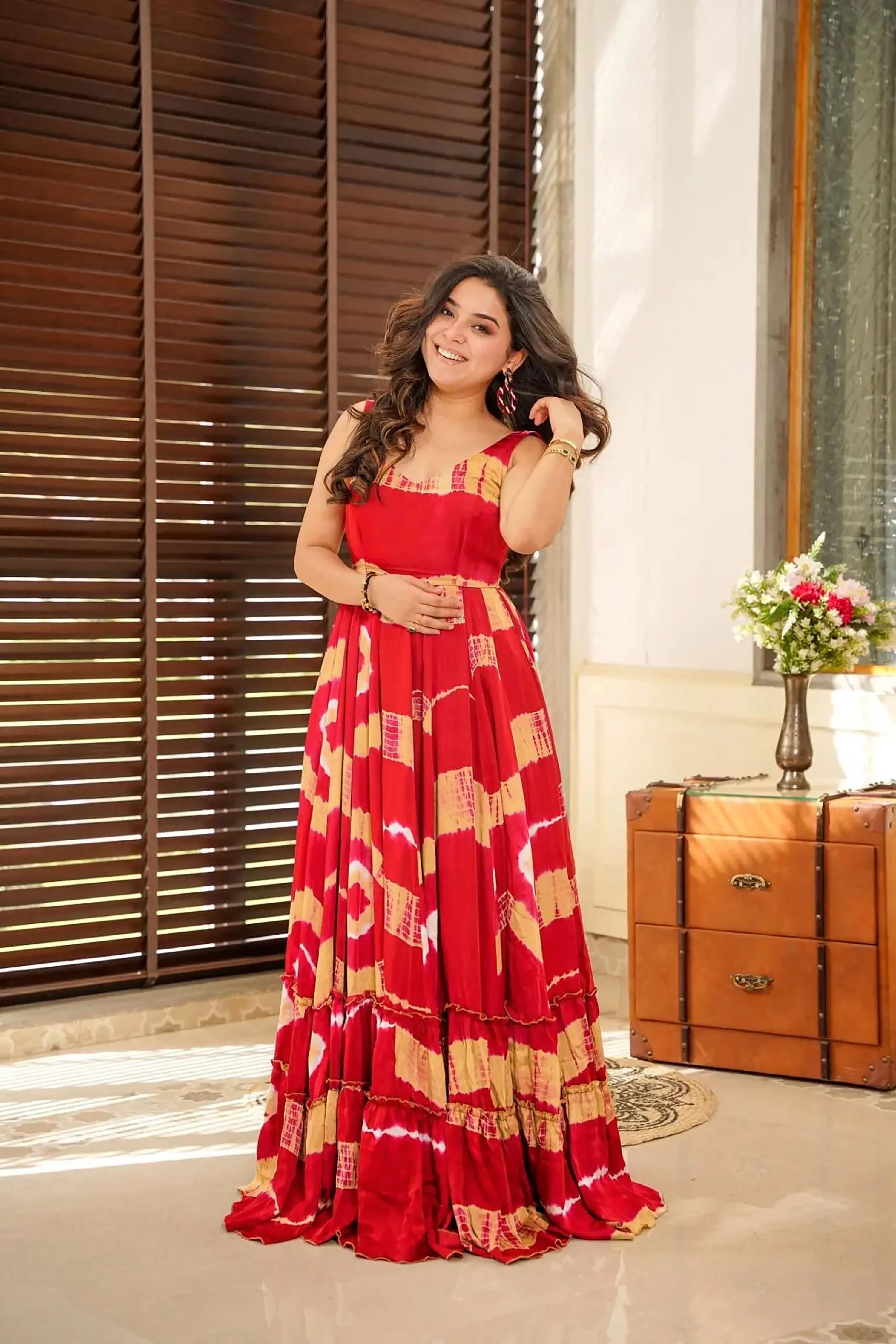 Sonakshi Women's Red Heavy Rayon Digital Print Full Round Flair Anarkali Gown Set | Grocsy