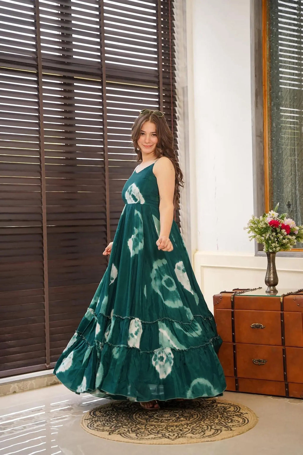 Sonakshi Women's Green Heavy Rayon Digital Print Full Round Flair Anarkali Gown Set | Grocsy