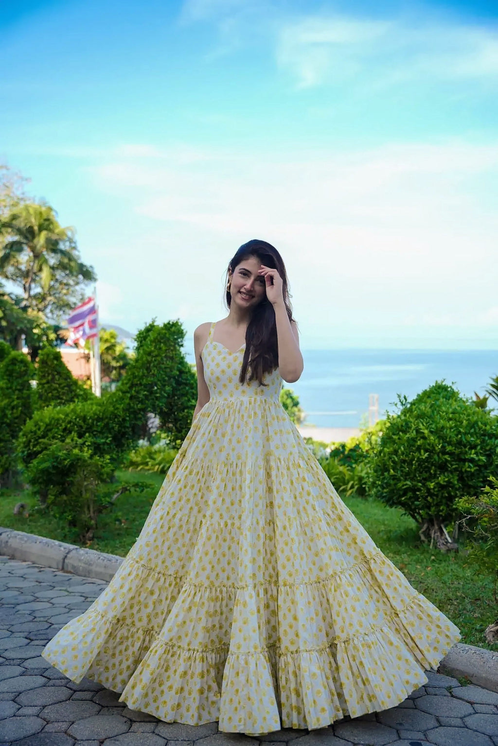 Sonakshi Women's Yellow Heavy Rayon Digital Print Full Round Flair Anarkali Gown Set | Grocsy