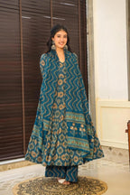 Sonakshi Women's Teal Maslin Digital Print Full Round Flair Anarkali Gown Set With Dupatta | Grocsy