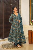 Sonakshi Women's Teal Maslin Digital Print Full Round Flair Anarkali Gown Set With Dupatta | Grocsy