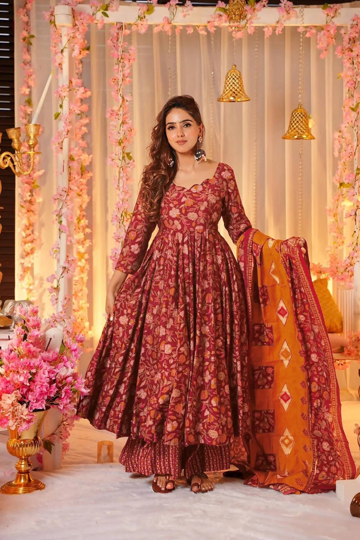 Sonakshi Women's Peach Maslin Digital Print Full Round Flair Anarkali Gown Set With Dupatta | Grocsy