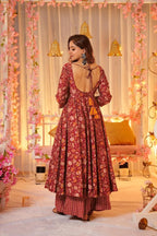 Sonakshi Women's Peach Maslin Digital Print Full Round Flair Anarkali Gown Set With Dupatta | Grocsy
