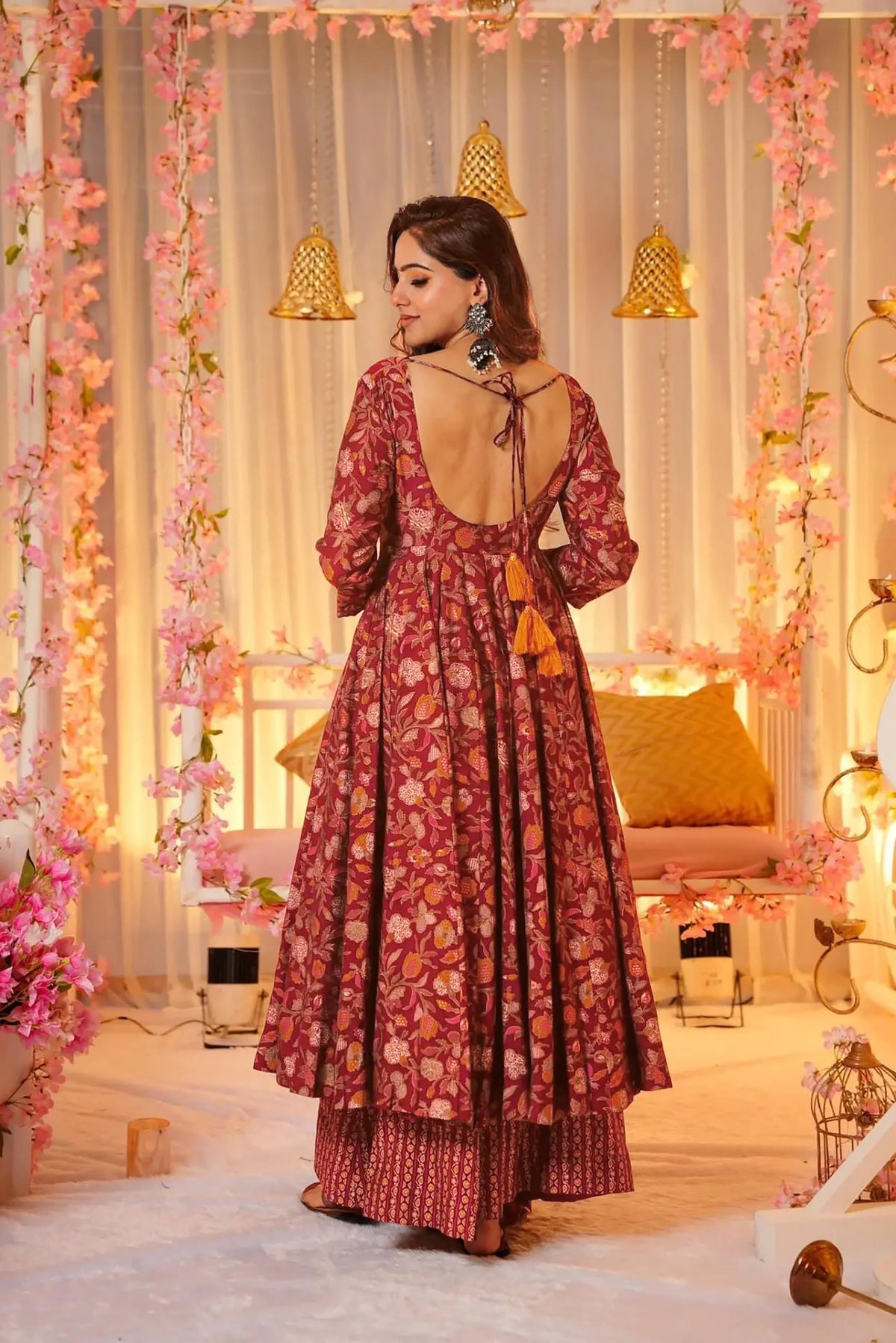 Sonakshi Women's Peach Maslin Digital Print Full Round Flair Anarkali Gown Set With Dupatta | Grocsy