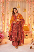 Sonakshi Women's Peach Maslin Digital Print Full Round Flair Anarkali Gown Set With Dupatta | Grocsy