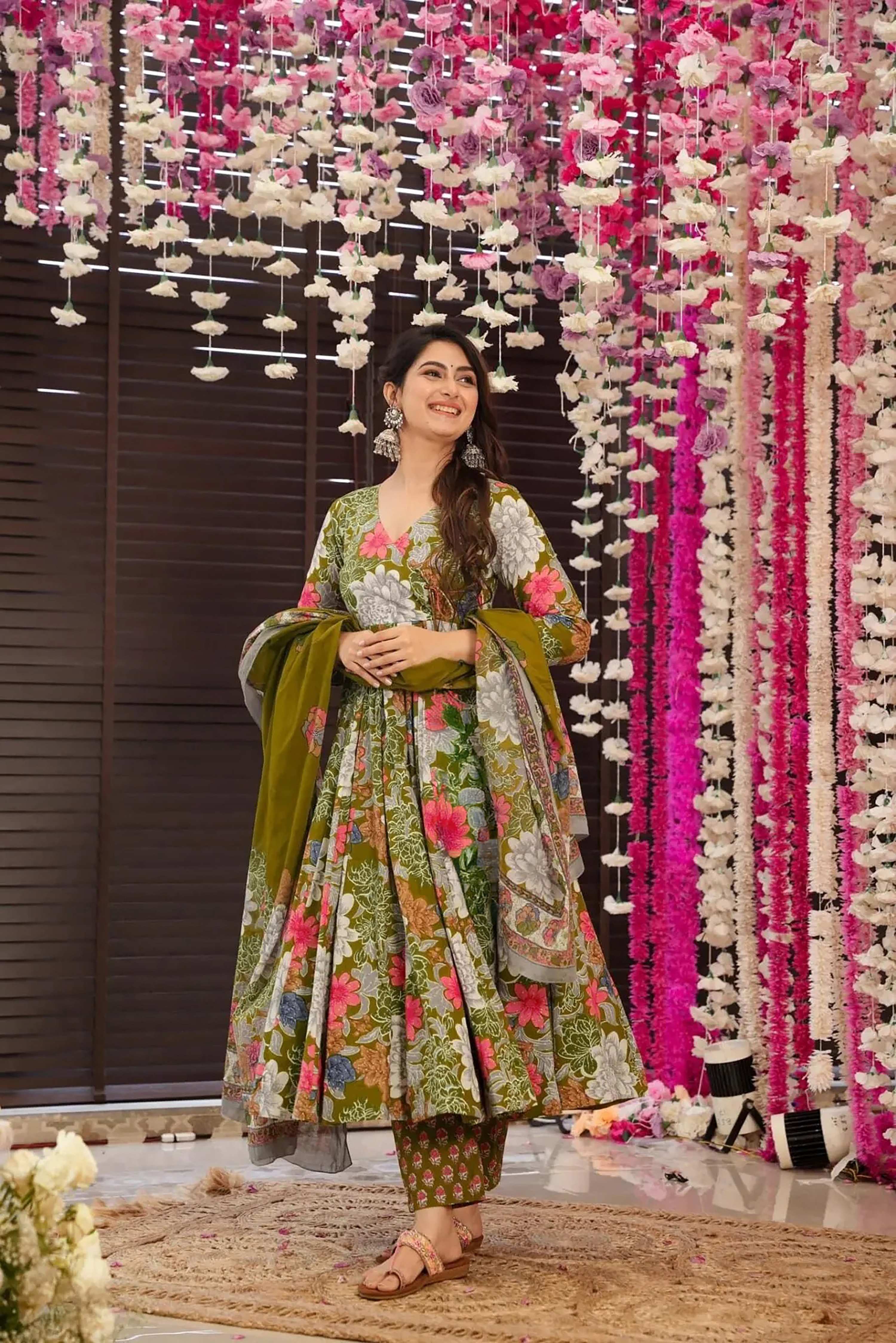Sonakshi Women's Multycolor Maslin Digital Print Full Round Flair Anarkali Gown Set With Dupatta | Grocsy