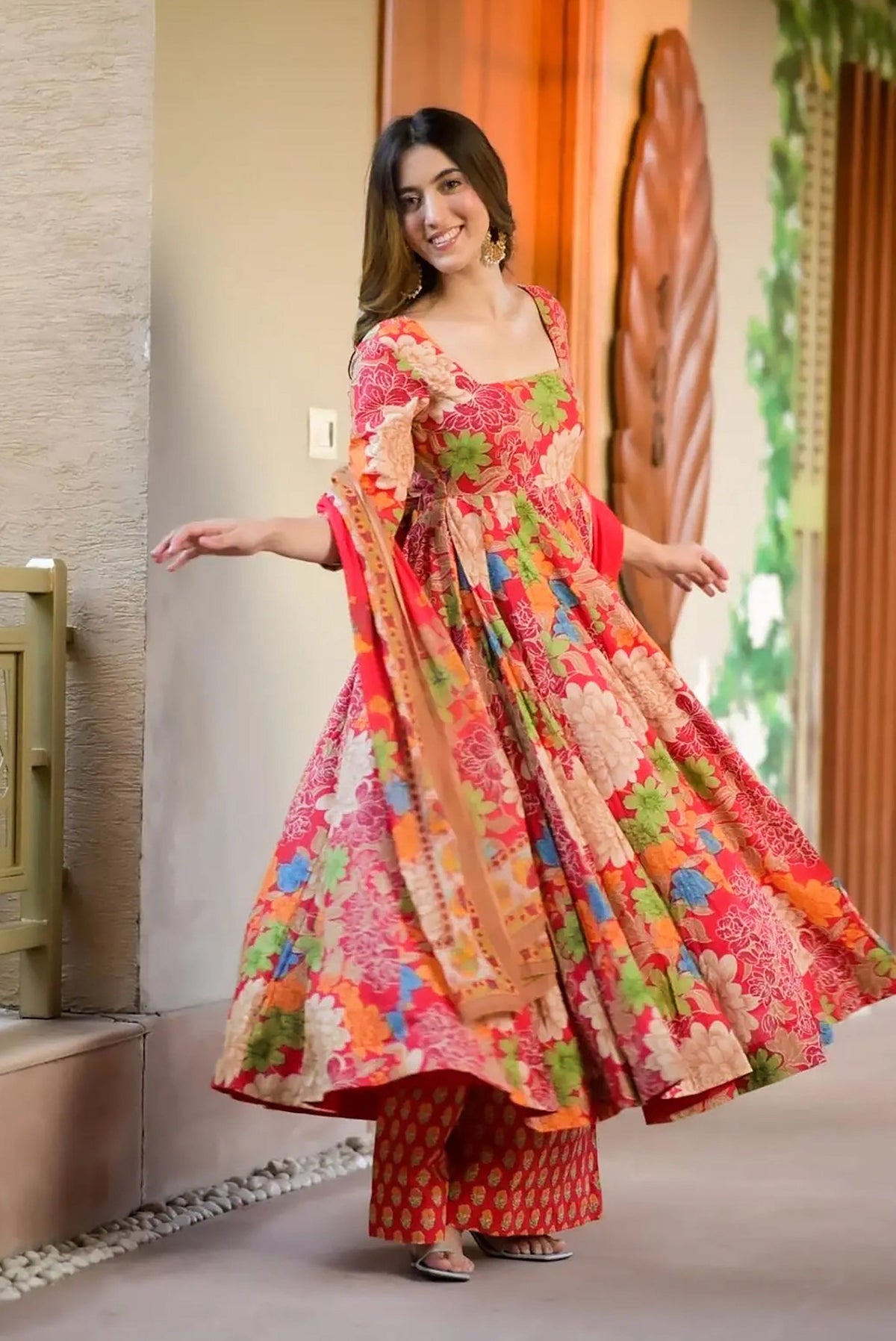 Sonakshi Women's Multycolor Maslin Digital Print Full Round Flair Anarkali Gown Set With Dupatta | Grocsy