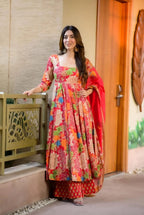 Sonakshi Women's Multycolor Maslin Digital Print Full Round Flair Anarkali Gown Set With Dupatta | Grocsy
