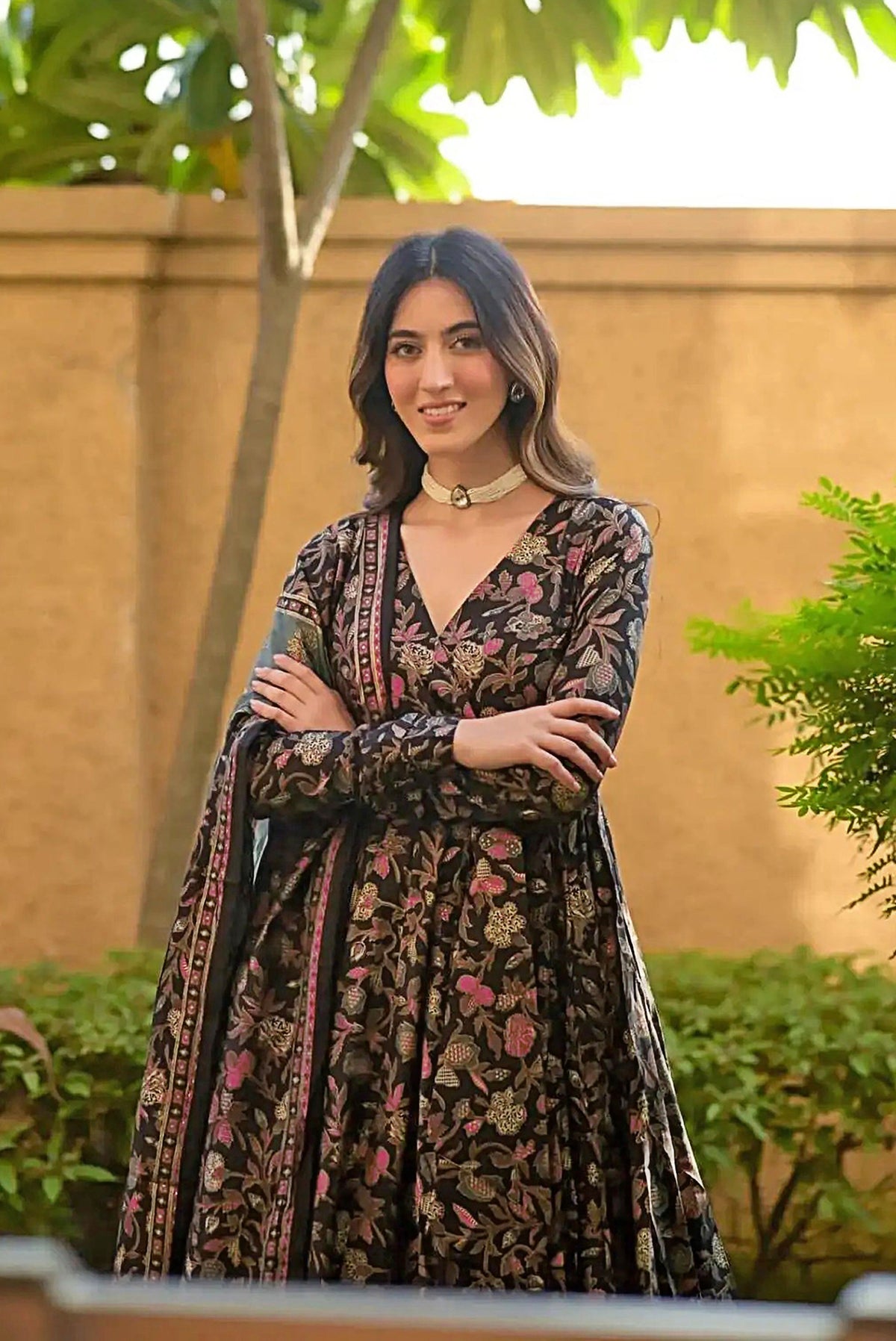 Sonakshi Women's Black Maslin Digital Print Full Round Flair Anarkali Gown Set With Dupatta | Grocsy