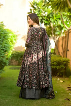 Sonakshi Women's Black Maslin Digital Print Full Round Flair Anarkali Gown Set With Dupatta | Grocsy