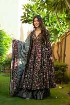 Sonakshi Women's Black Maslin Digital Print Full Round Flair Anarkali Gown Set With Dupatta | Grocsy