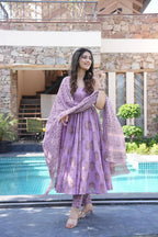 Sonakshi Women's Multycolor Maslin Digital Print Full Round Flair Anarkali Gown Set With Dupatta | Grocsy