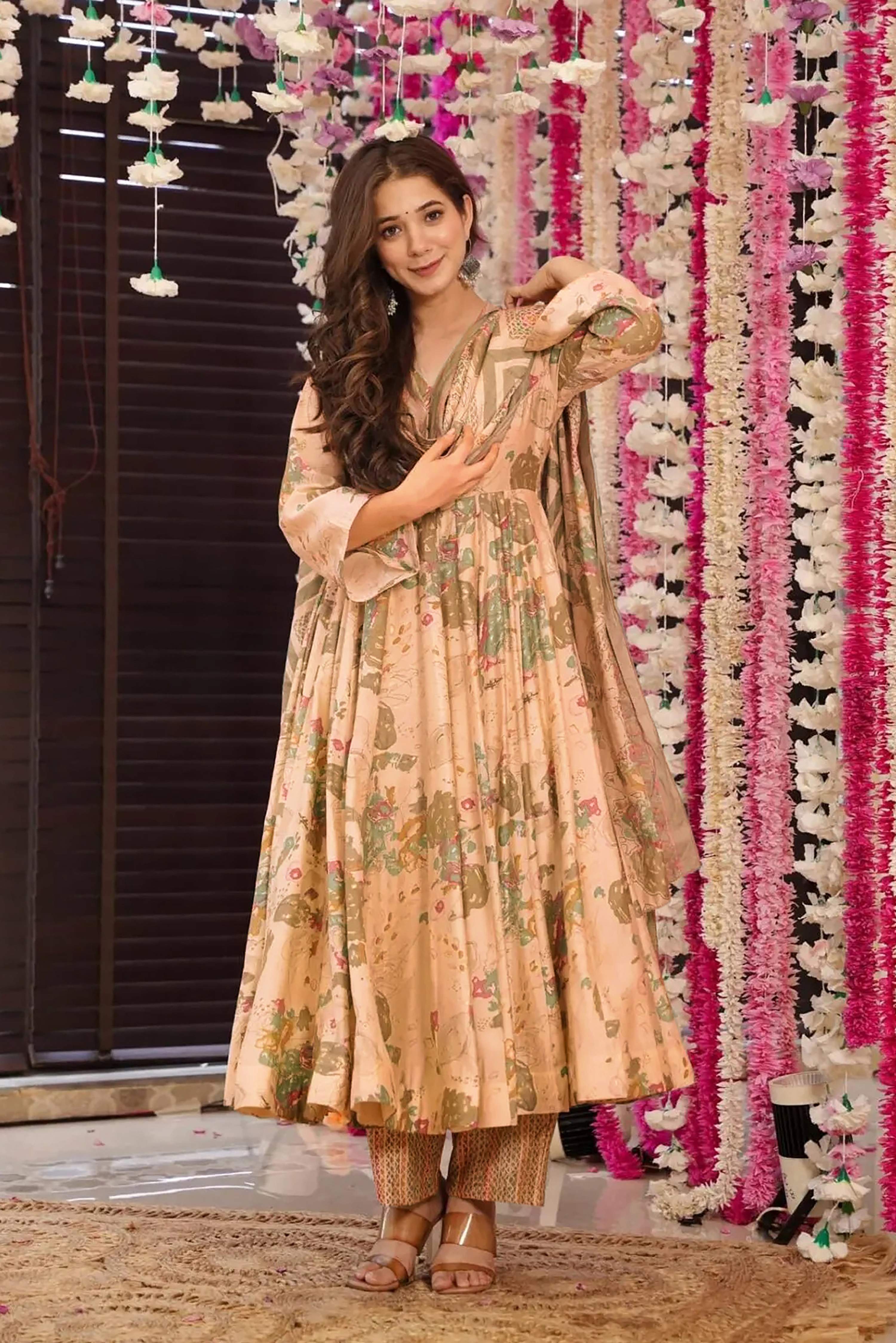 Sonakshi Women's Peach Maslin Digital Print Full Round Flair Anarkali Gown Set With Dupatta | Grocsy