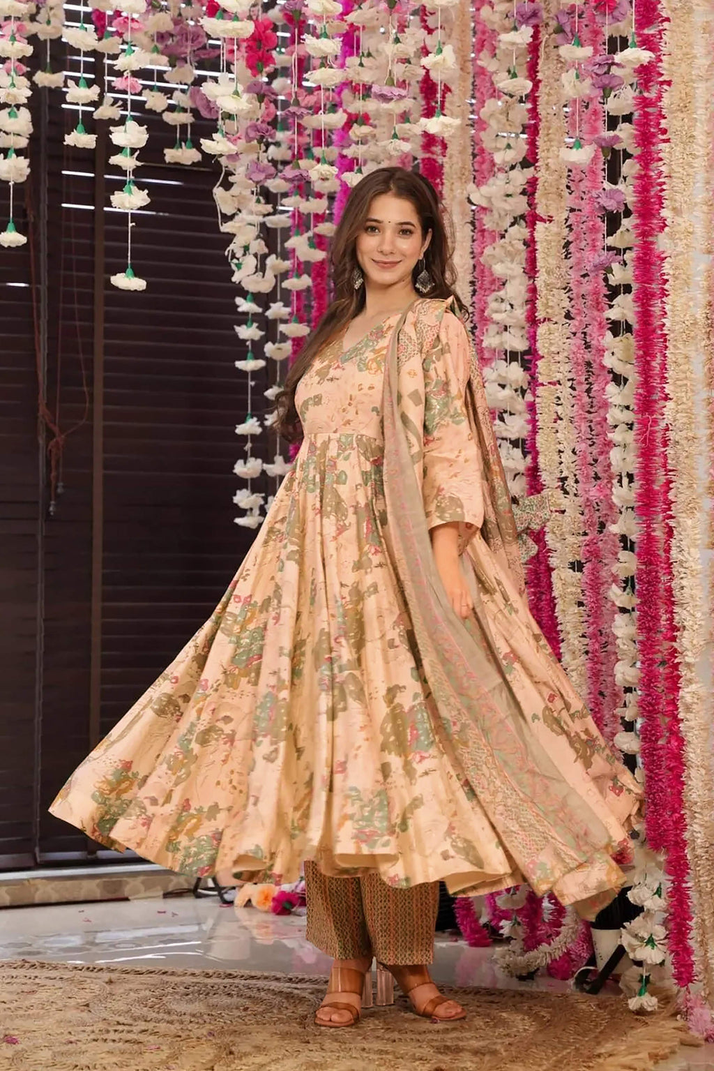Sonakshi Women's Peach Maslin Digital Print Full Round Flair Anarkali Gown Set With Dupatta | Grocsy