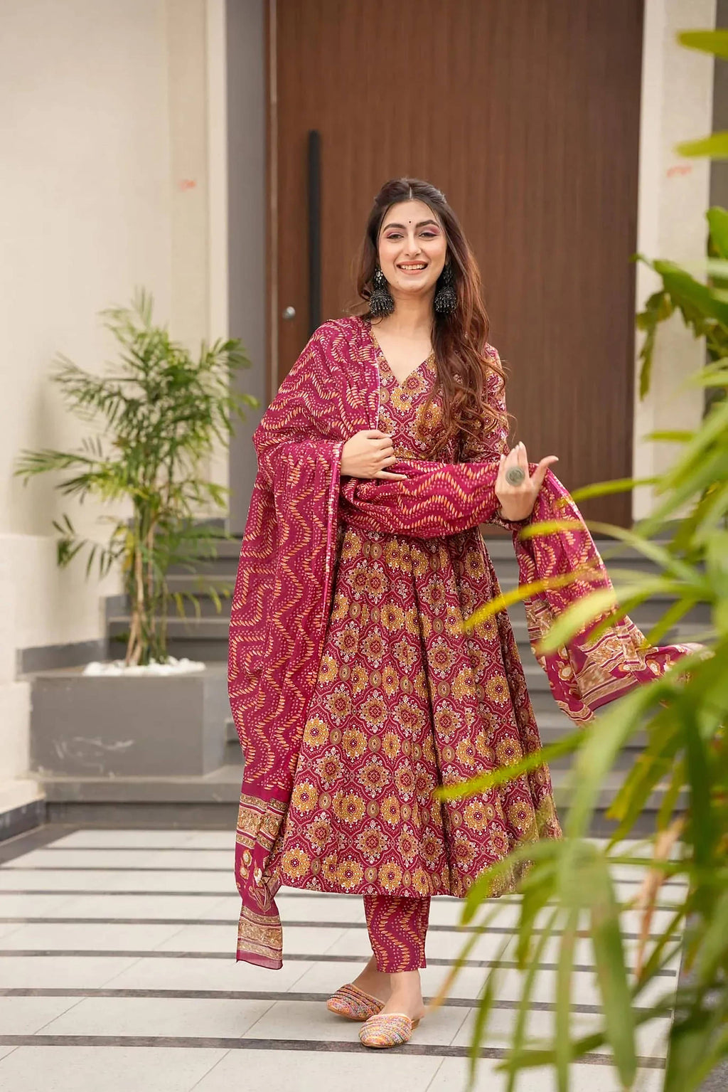 Sonakshi Women's Maharani Maslin Digital Print Full Round Flair Anarkali Gown Set With Dupatta | Grocsy