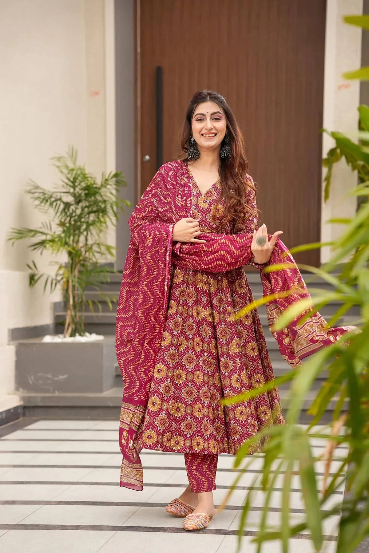 Sonakshi Women's Maharani Maslin Digital Print Full Round Flair Anarkali Gown Set With Dupatta | Grocsy