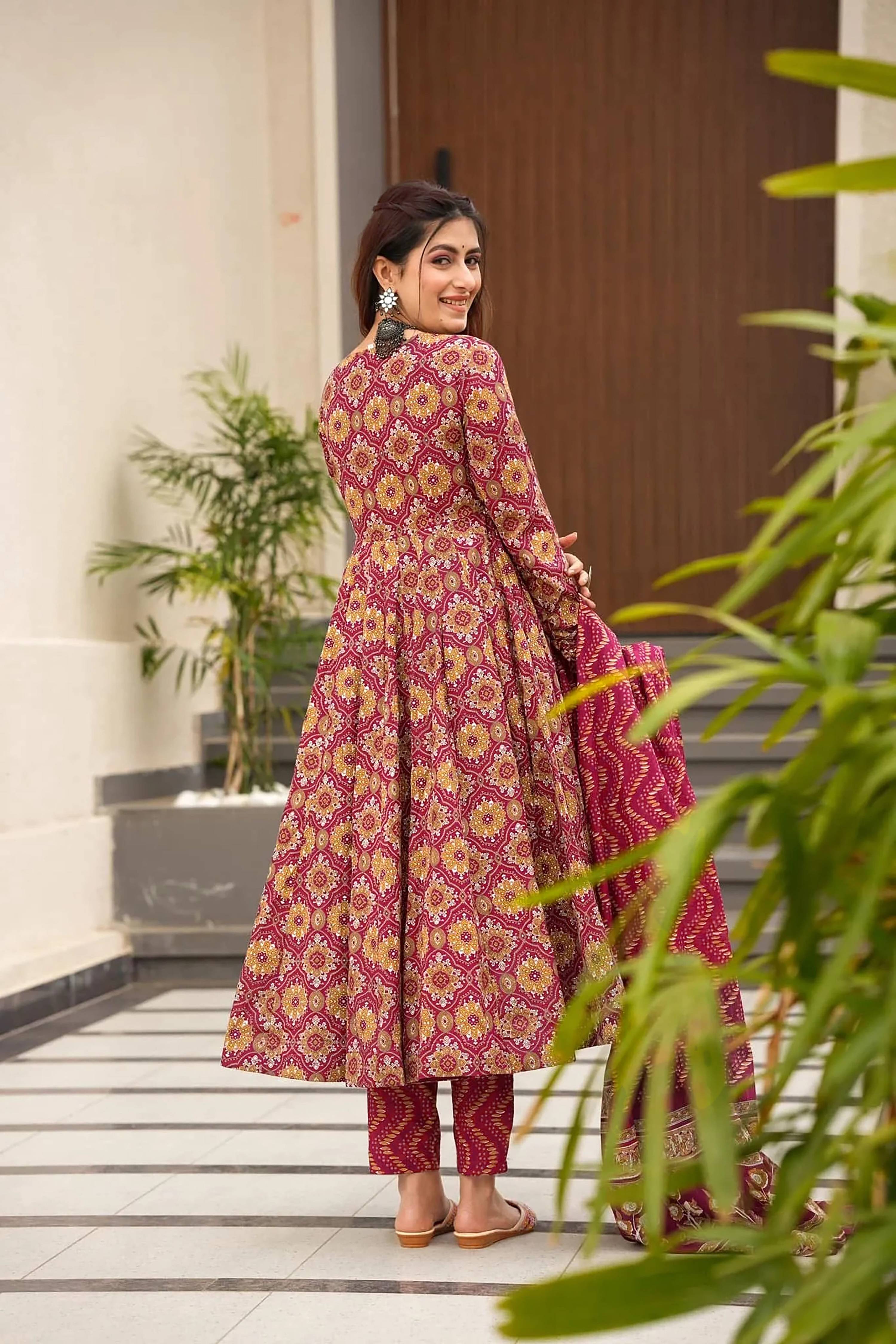 Sonakshi Women's Maharani Maslin Digital Print Full Round Flair Anarkali Gown Set With Dupatta | Grocsy