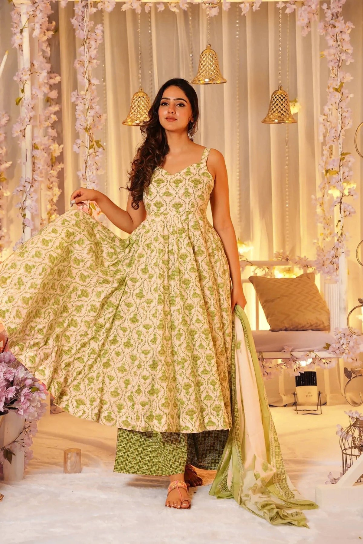 Sonakshi Women's Green Maslin Digital Print Full Round Flair Anarkali Gown Set With Dupatta | Grocsy