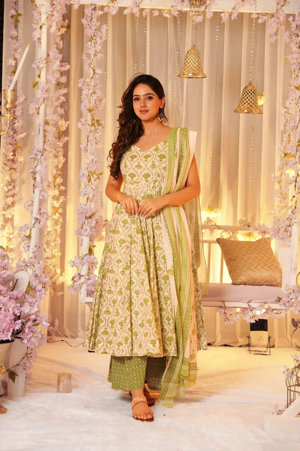 Sonakshi Women's Green Maslin Digital Print Full Round Flair Anarkali Gown Set With Dupatta | Grocsy