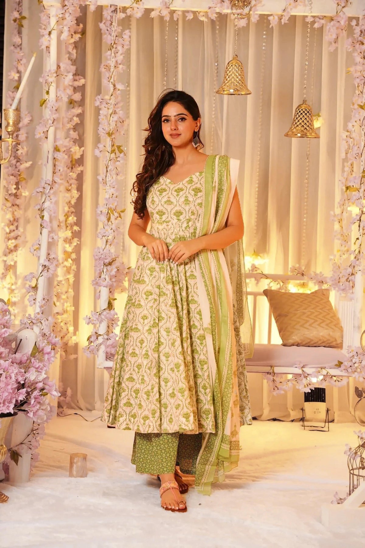Sonakshi Women's Green Maslin Digital Print Full Round Flair Anarkali Gown Set With Dupatta | Grocsy