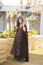 Sonakshi Women's Coffie Maslin Digital Print Full Round Flair Anarkali Gown Set With Dupatta | Grocsy