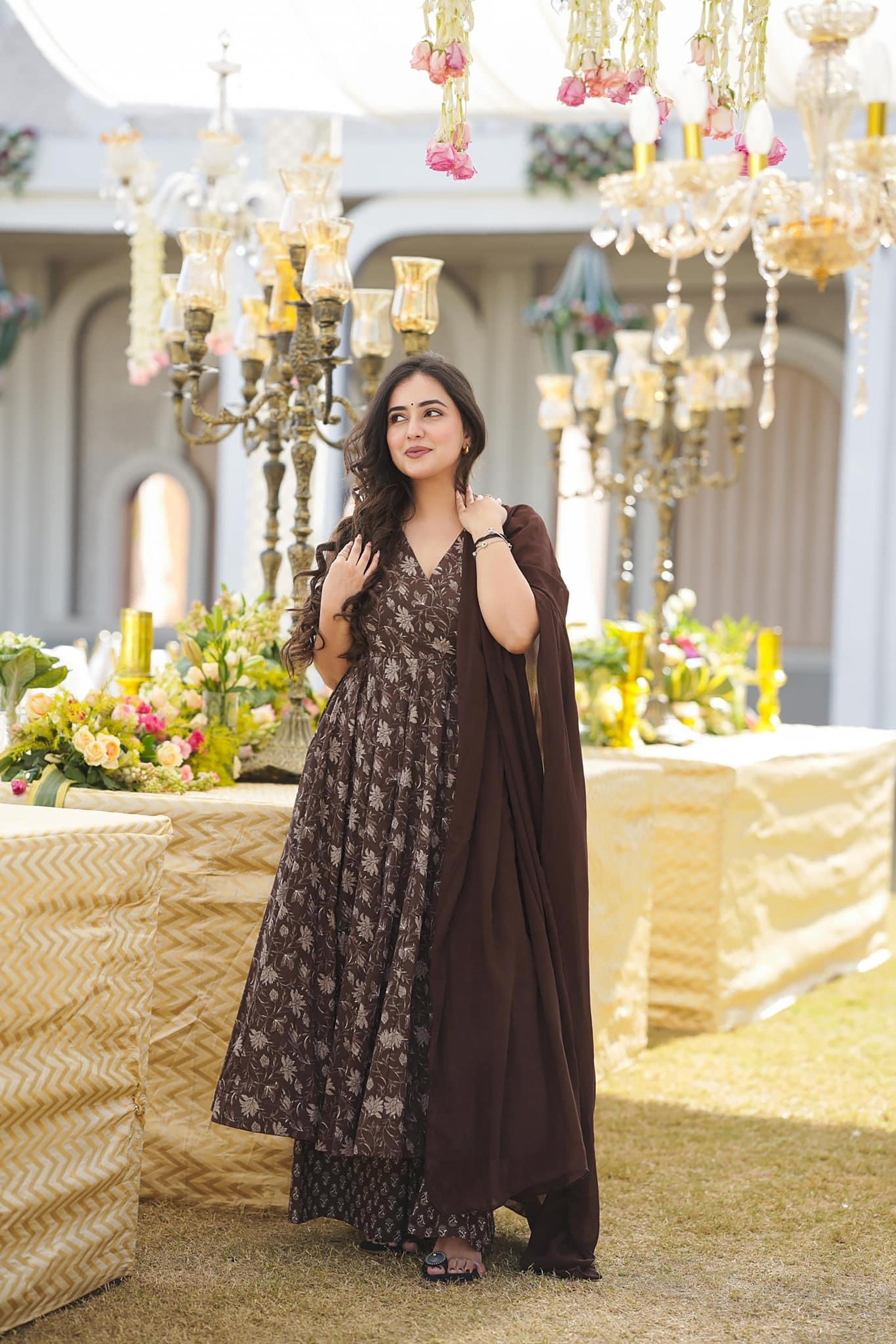 Sonakshi Women's Coffie Maslin Digital Print Full Round Flair Anarkali Gown Set With Dupatta | Grocsy