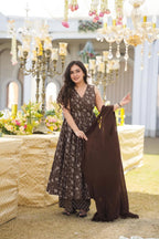 Sonakshi Women's Coffie Maslin Digital Print Full Round Flair Anarkali Gown Set With Dupatta | Grocsy