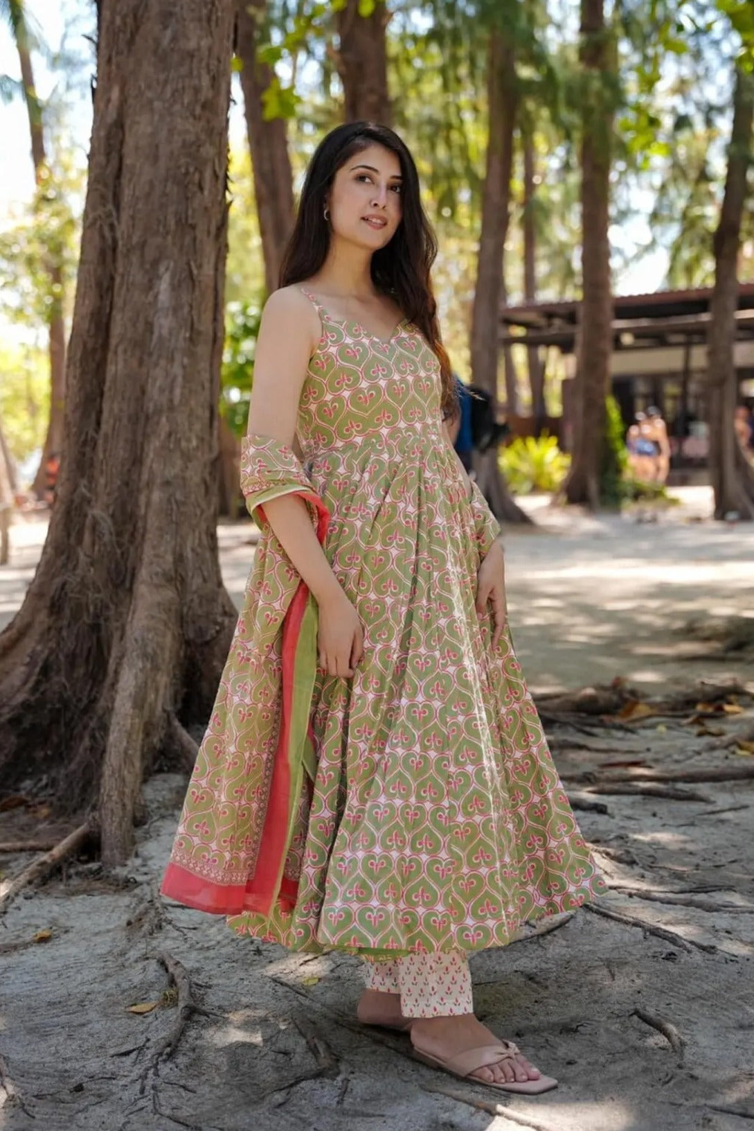 Sonakshi Women's Green Maslin Digital Print Full Round Flair Anarkali Gown Set With Dupatta | Grocsy
