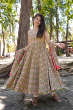 Sonakshi Women's Green Maslin Digital Print Full Round Flair Anarkali Gown Set With Dupatta | Grocsy