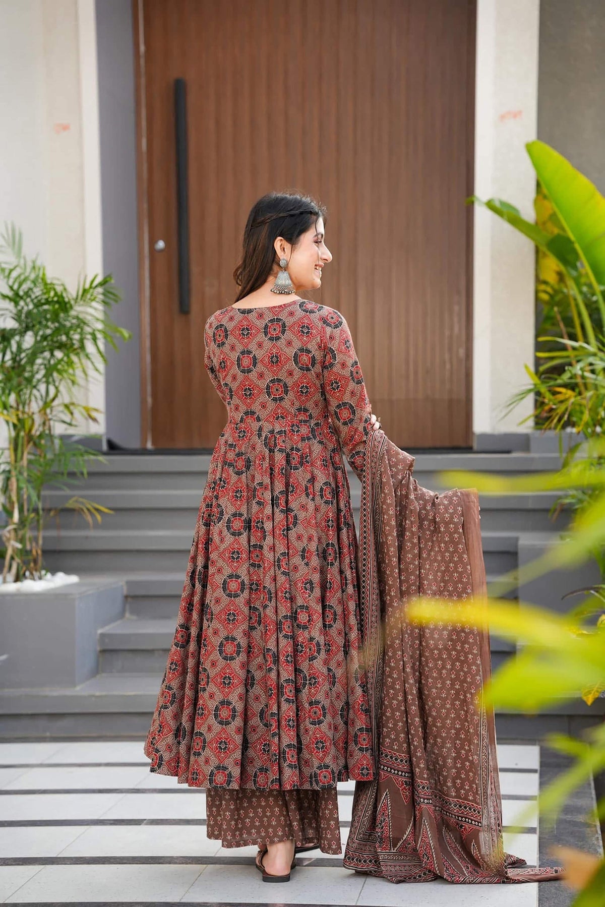 Sonakshi Women's Coffie Maslin Digital Print Full Round Flair Anarkali Gown Set With Dupatta | Grocsy