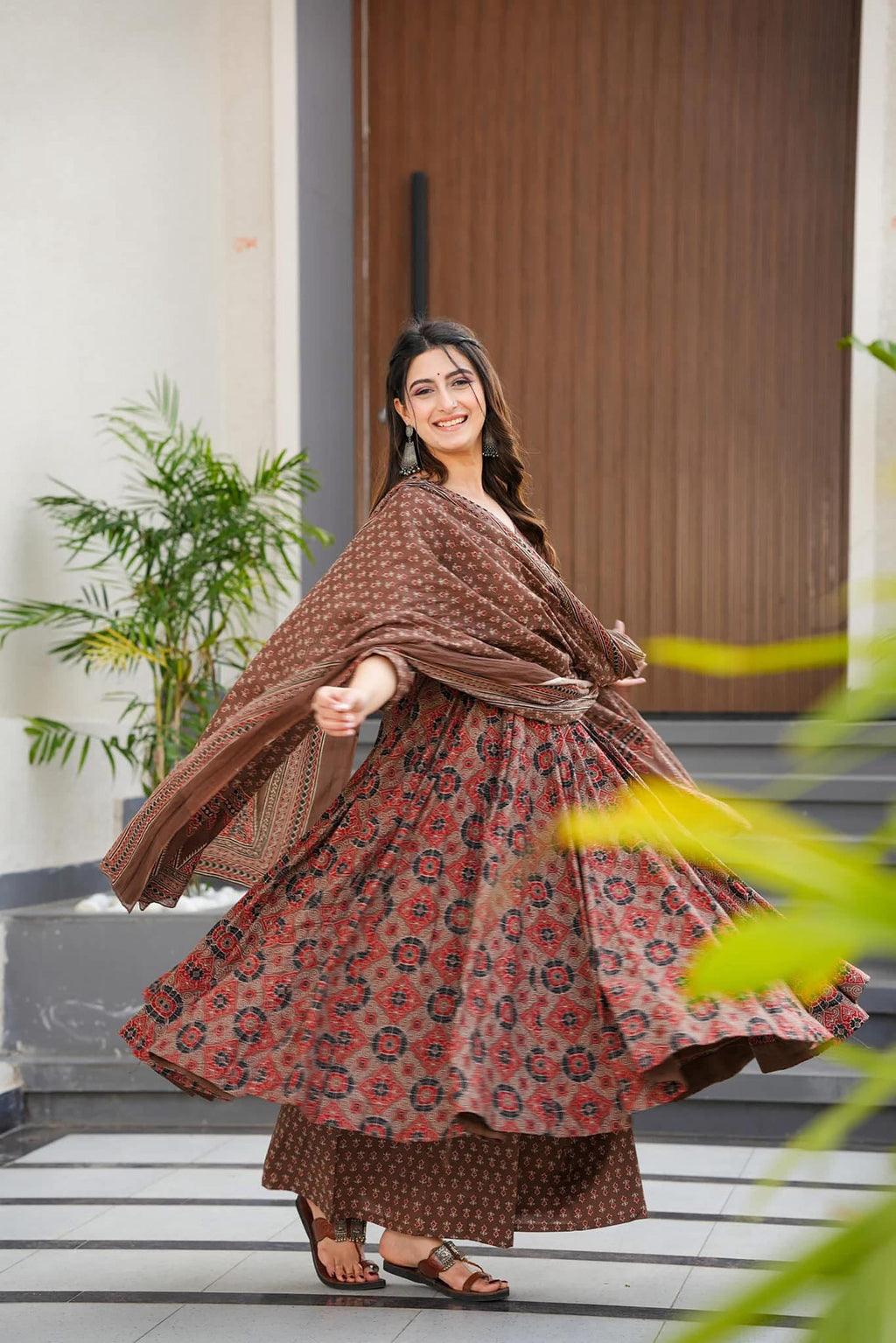 Sonakshi Women's Coffie Maslin Digital Print Full Round Flair Anarkali Gown Set With Dupatta | Grocsy