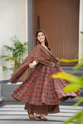 Sonakshi Women's Coffie Maslin Digital Print Full Round Flair Anarkali Gown Set With Dupatta | Grocsy